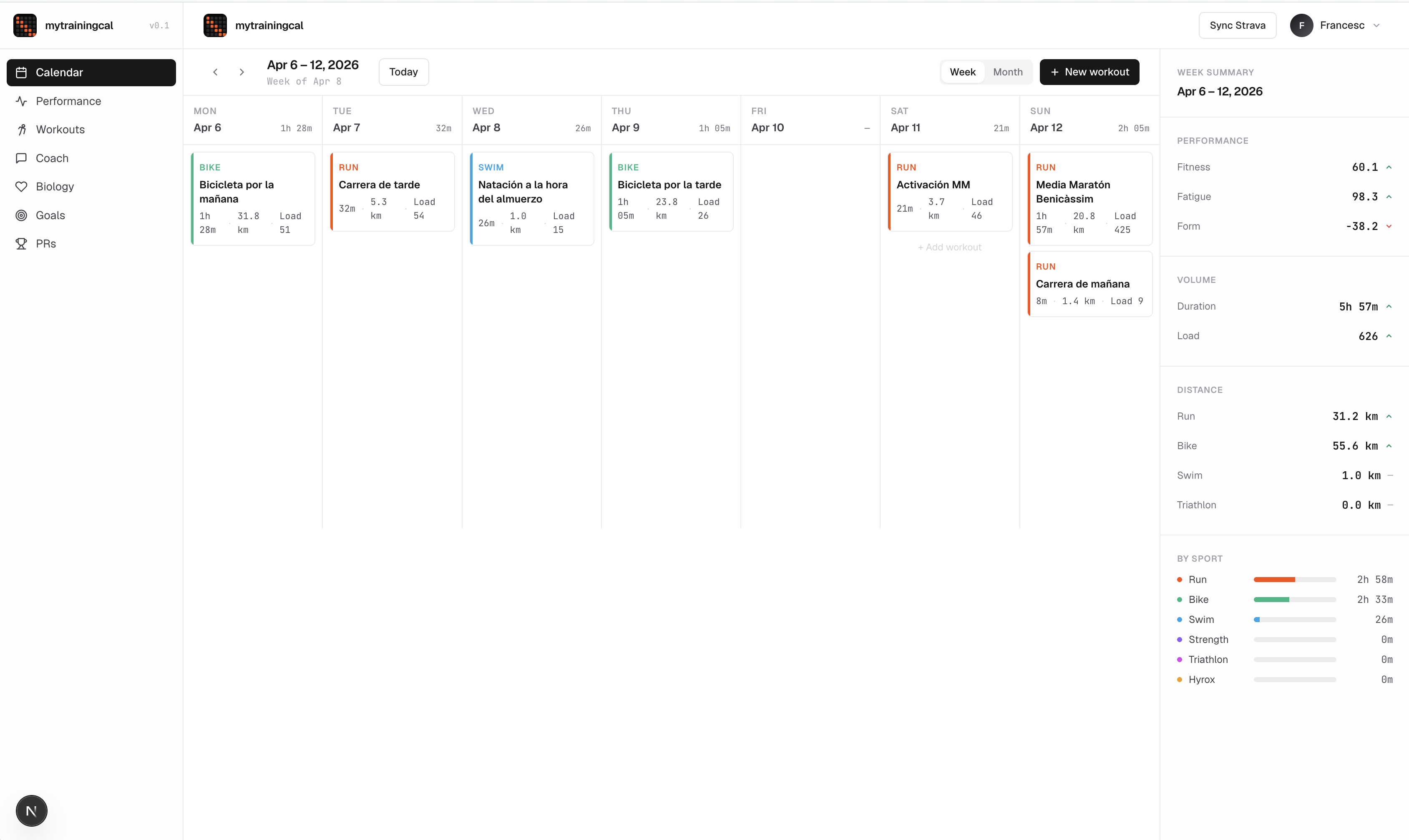 Weekly training calendar with swim, bike, and run sessions, week summary, and performance metrics